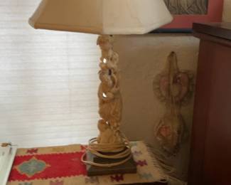 Asian-Style Carved Figural Table Lamp with Bell Shade