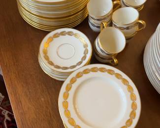 Antique Lenox White Porcelain Dinnerware Set with Gold Leaf Rim - Plates, Cups & Saucers