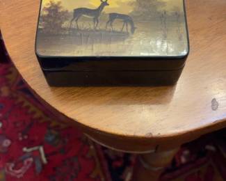 Russian Hand-Painted Lacquer Trinket Box with Deer Scene