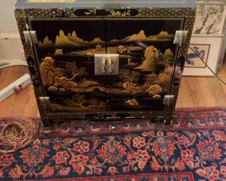 Vintage Black Lacquer Asian-Style Jewelry Box Cabinet