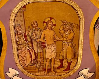 Antique illustration depicting the Scourging of Jesus Christ, also known as the Flagellation of Christ. This episode, a pivotal moment in Jesus' Passion, shows him being whipped while bound to a pillar.