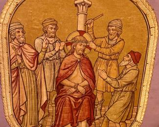 The central figure is Jesus Christ, seated and bound, with a crown of thorns being forced onto his head.