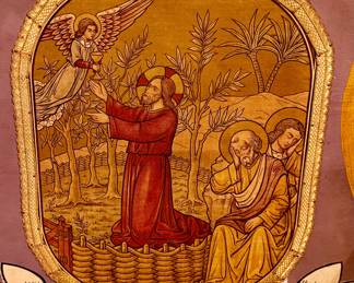 Antique embroidered church processional banner depicting Jesus in the Garden of Gethsemane