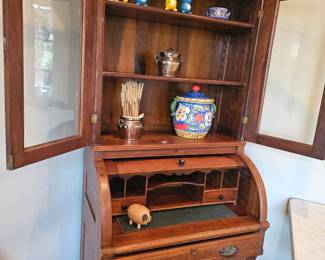 close up of the rustic desk with display and storage