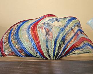 large multicolor art glass, open van shaped bowl