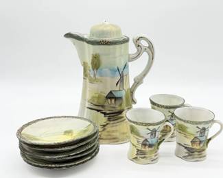 13 AntiqueHandPaintedNipponPorcelainChocolatePotCupsPlates