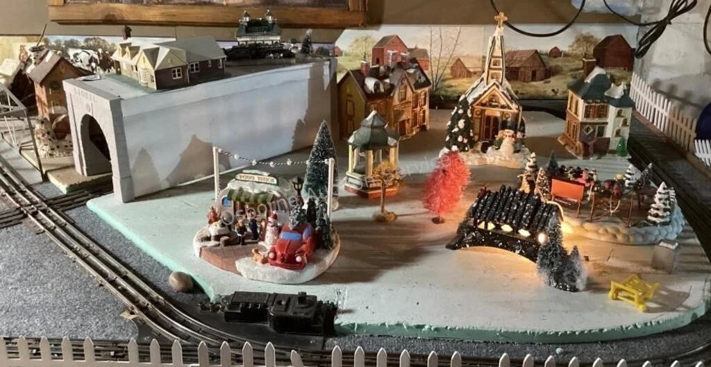 Lighted houses & train decor