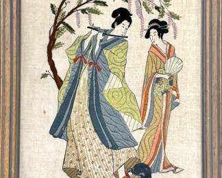 Vintage Japanese Embroidered Textile Art – Framed Geisha Kimono Wall Hanging