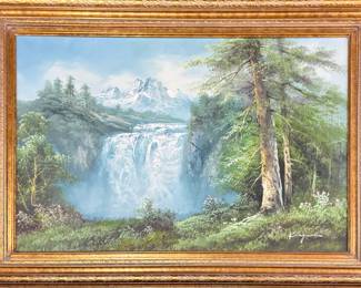 Vintage Framed Waterfall Landscape Painting – Mountain Forest Scene, Gold Ornate Frame