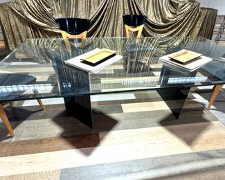 Modern Glass Top Dining Table with Sculptural Base, Large Glass Dining Table with Architectural Base