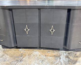 Art Deco Black Sideboard Credenza – Curved Front Vintage Cabinet with Brass Hardware