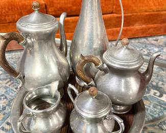 Vintage Pewter Coffee and Tea Service Set with Tray, Wood Handles, Made in Holland