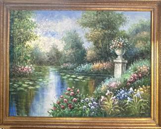 European-Style Garden Landscape Painting in Gilt Frame