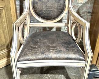 Neoclassical Accent Armchair with Crocodile Embossed Leather and Painted Wood Frame