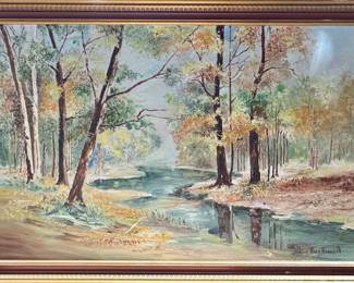 Signed Impressionist Nature Landscape with Stream, Framed Vintage Painting