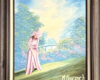 Signed Figurative Garden Scene Oil Painting by M. Ponczoch in Vintage Frame
