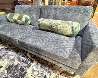 Modern Blue Fabric Sofa with Accent Bolster Pillows – Contemporary Living Room Couch