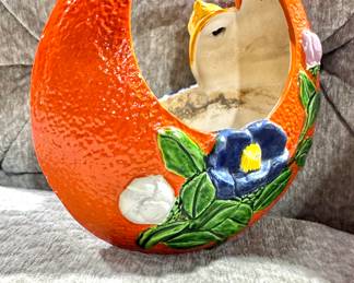 Vintage Orange Ceramic Basket with Floral Design – Decorative Art Pottery Bowl