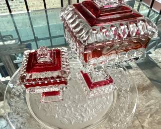 Decorative Vintage Pressed Glass Boxes in Clear and Ruby Red