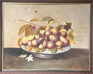 Vintage Framed Still Life Painting – Classical Fruit Bowl Artwork with Pears