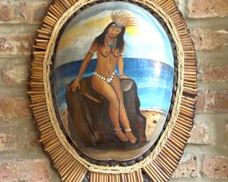 Bohemian Vintage Figurative Painting with Woven Wood Frame