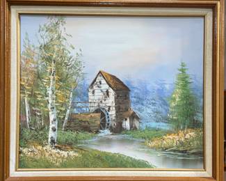 Vintage Framed Landscape Painting – Rustic Water Mill and Stream Country Scene