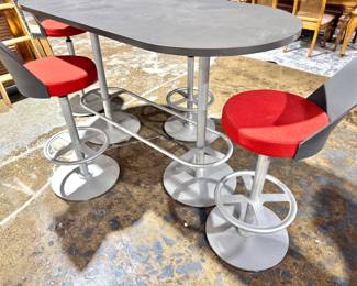 Modern Industrial Café Table with 4 Red Upholstered Swivel Stools – HON Commercial Furniture Set