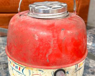 Vintage Mid-Century Metal Picnic Thermos Jug – Red Enamel Beverage Dispenser with Carry Handle