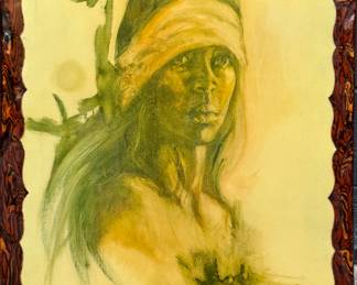 Expressive Vintage Portrait Painting Featuring Woman in Headscarf with Carved Frame