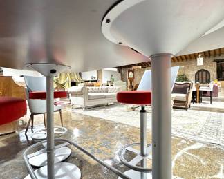 Modern Industrial Café Table with 4 Red Upholstered Swivel Stools – HON Commercial Furniture Set