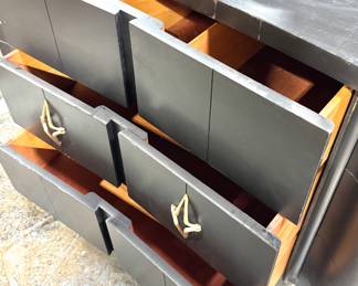 Art Deco Black Sideboard Credenza – Curved Front Vintage Cabinet with Brass Hardware