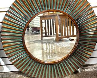 Vintage Round Sunburst Mirror – Green and Copper Ribbed Frame Wall Decor