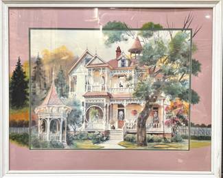 Victorian House & Garden Watercolor – Framed Architectural Landscape by Marie Shepherd