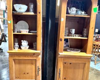Matching Vintage Wood Display Cabinets with Arched Open Shelves and Lower Storage