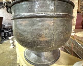 Oversized Vintage Christening Bowl with Hand-Forged Ring Handles and Etched Detail