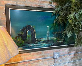 Vintage Textured Landscape Painting with Architectural Ruins – Signed “Michale”