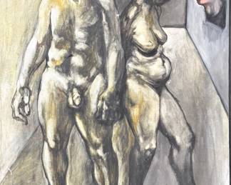 Vintage Figurative Nude Study Painting, Expressionist Male and Female Figures on Canvas