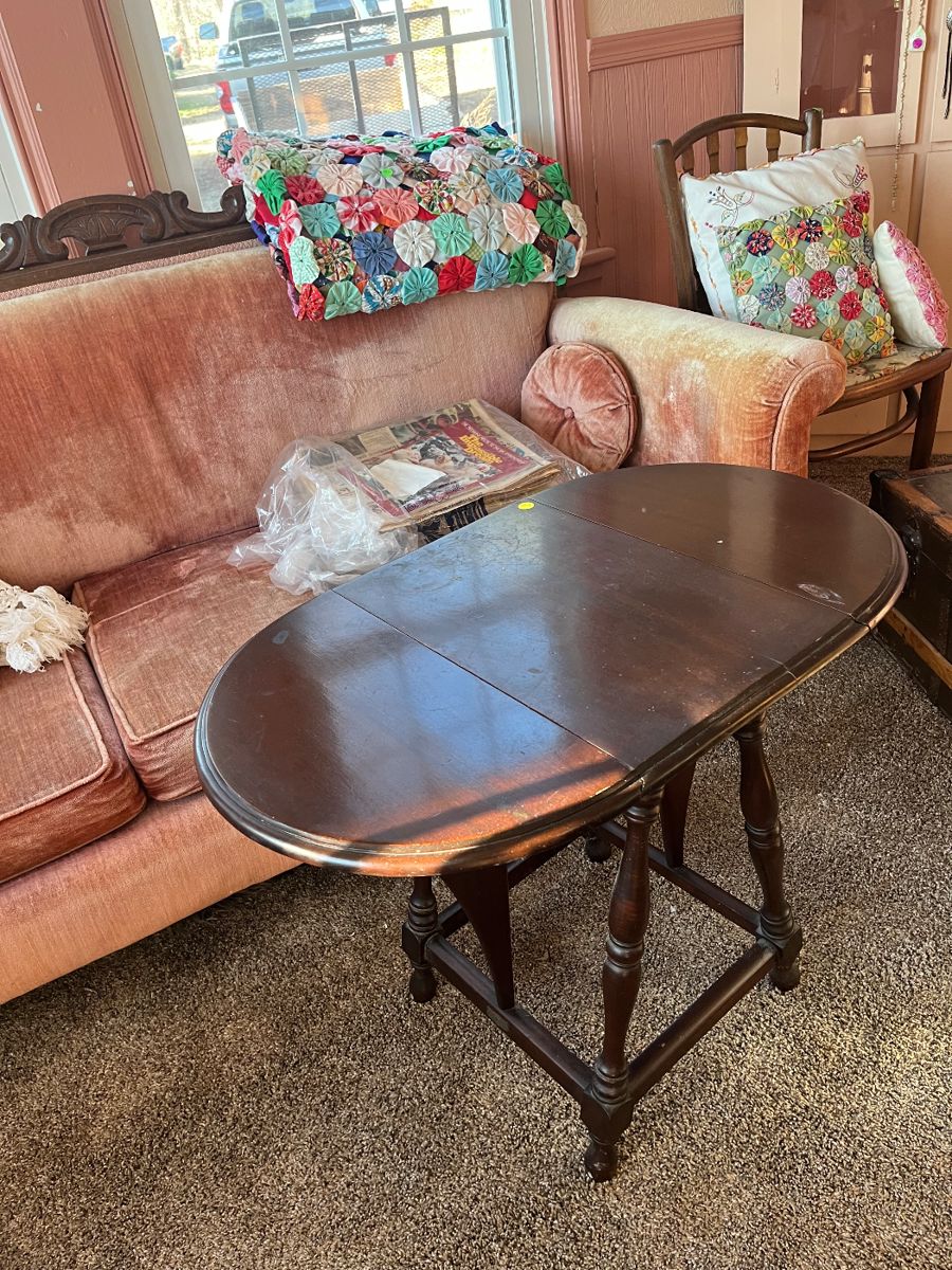 End tables, trunks, Victorian coach, quilts, corner cabinet, 
