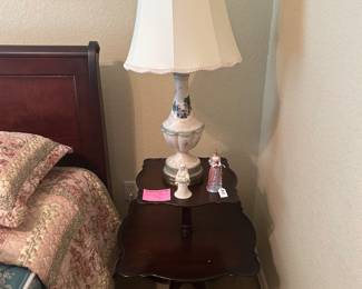 Pair of antique mahogany 2 tier tables with matching vintage lamps