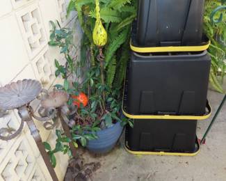 Storage tubs, candle sticks and large fern.