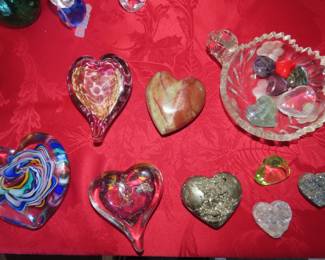 Murano and art glass heart paperweights.