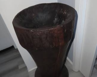 Large Columbian carved tree trunk mortar.