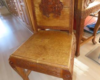 Asian themed hand carved drop down writing desk and chair.