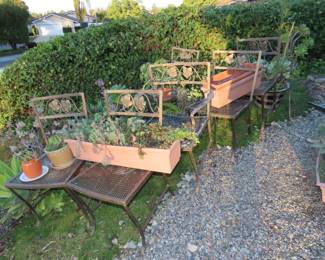 Metal wire chairs, plants.