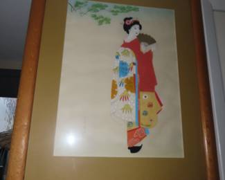 Japanese painting of Geisha in traditional Kimono.