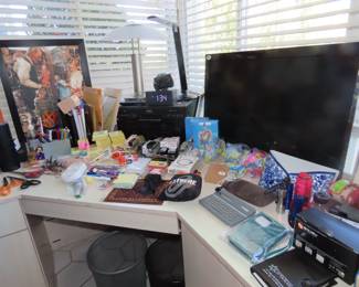 Office supplies, TV, desk lamps, 