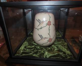 Framed shadow box Asian vase, hand painted.