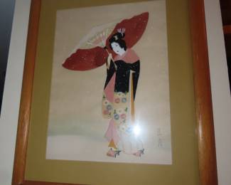 Japanese painting of Geisha in traditional Kimono.