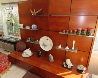 Large wall shelf unit with drawers and adjustable frosted glass shelves.