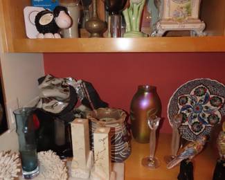 Irridescent vase, marble candle sticks, coral, cloisonne birds.